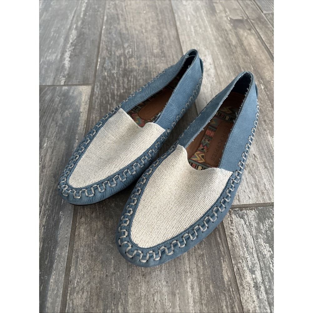 Hush Puppies Women's 7M Leather Loafers Blue Beige Slip On Shoes 54627